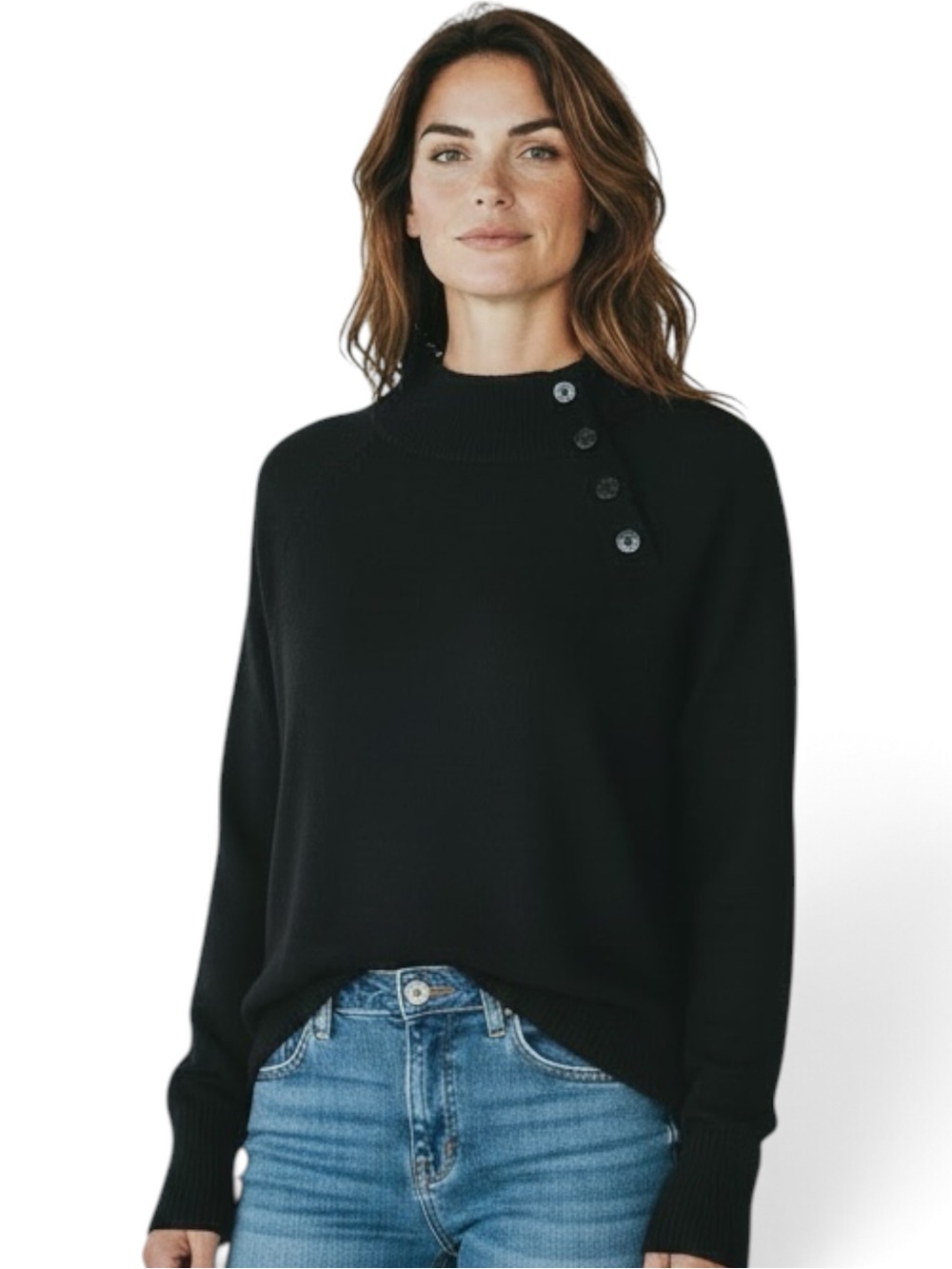 Talbots Black Button-Accent Mock Neck Sweater Classic Minimalist